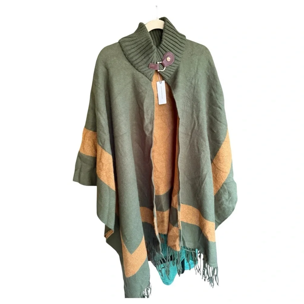 New ANTHROPOLOGIE GREEN SWEATER PONCHO FUNNEL NECK LEATHER TRIM FRINGE CAPE - Picture 8 of 10